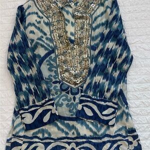 Bohemian Blue Tunic with Embellished Neckline